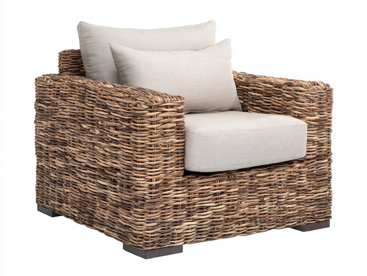 Poltrona da giardino - Rattan intrecciato-Tessuto - 102x95x79 cm - Marrone naturale-Beige crema - Stile rustico contemporaneo
