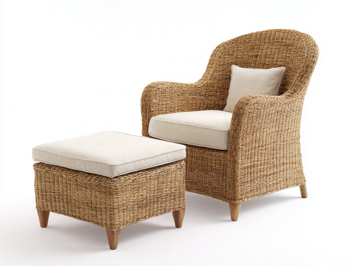 Poltrona da giardino - Rattan intrecciato-Tessuto - 90x88x101 cm - Marrone naturale-Beige chiaro - Stile classico naturale