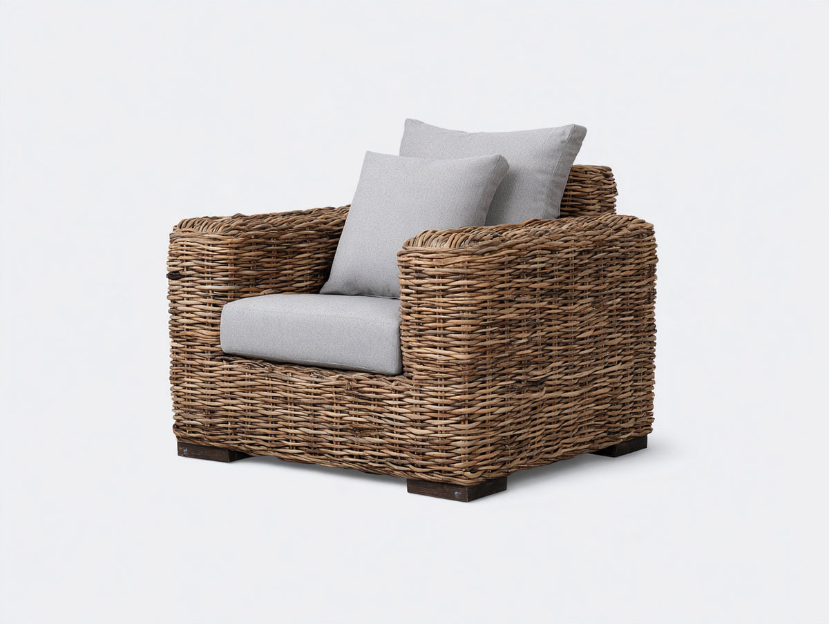 Poltrona da giardino - Rattan intrecciato-Tessuto - 100x94x80 cm - Marrone naturale-Grigio chiaro - Stile rustico moderno