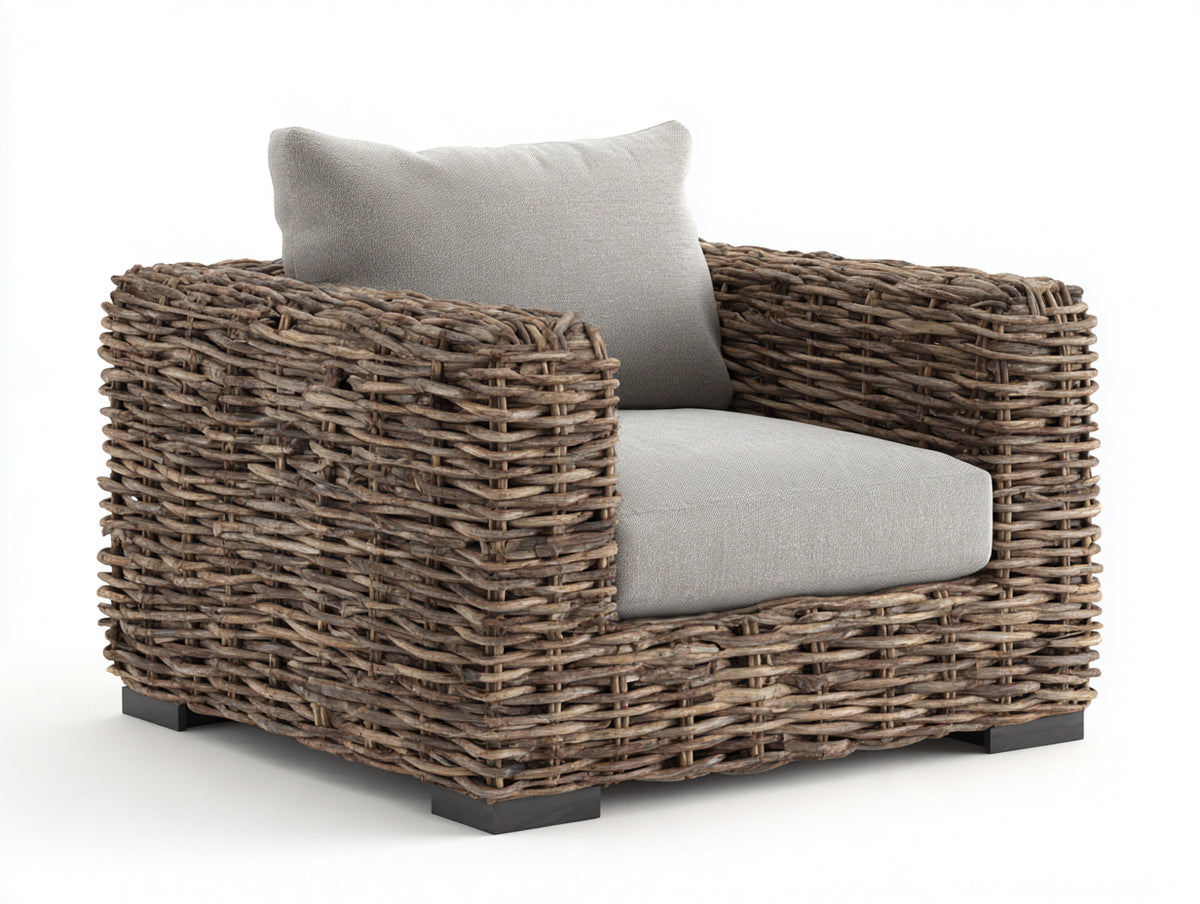 Poltrona da giardino - Rattan intrecciato-Tessuto - 97x92x76 cm - Marrone grigiastro-Beige chiaro - Stile rustico