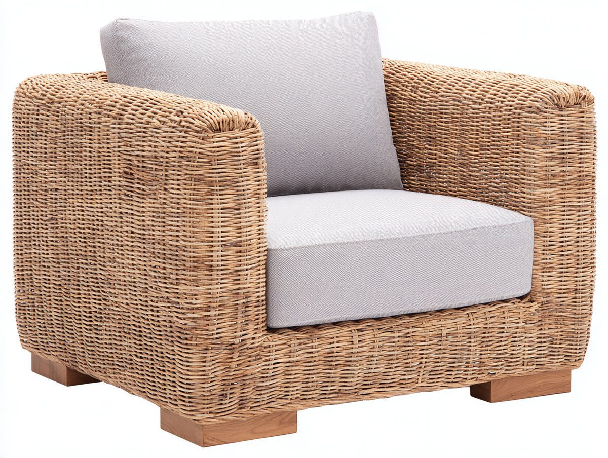 Poltrona da giardino - Rattan intrecciato-Tessuto - 100x95x78 cm - Marrone naturale-Grigio chiaro - Stile naturale moderno