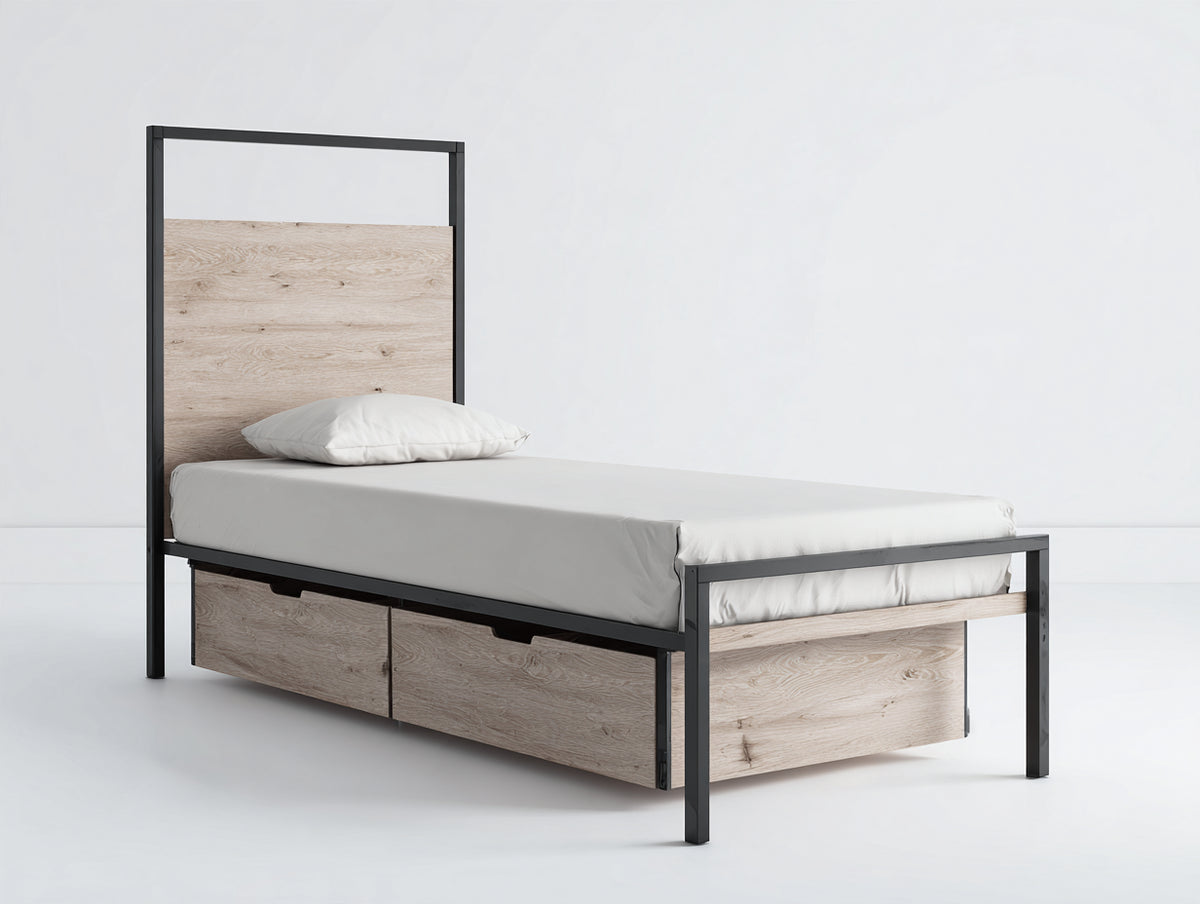 Letto singolo - Metallo-Legno - 210x100x120 cm - Nero-Rovere chiaro - Stile industriale